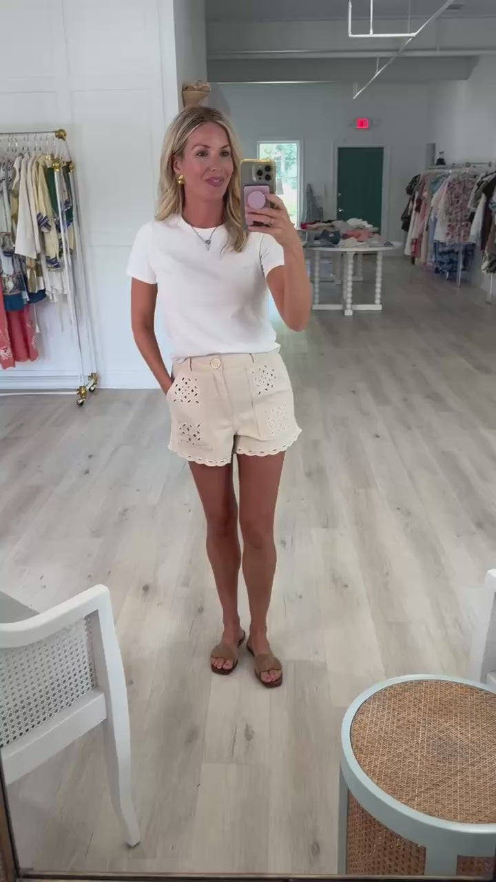 Cream Embroidered Scalloped Shorts