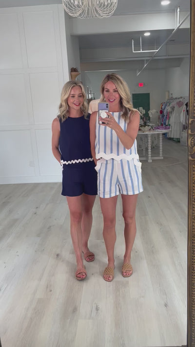 Blue Stripe Sleeveless Zip Back Top with Ric Rac