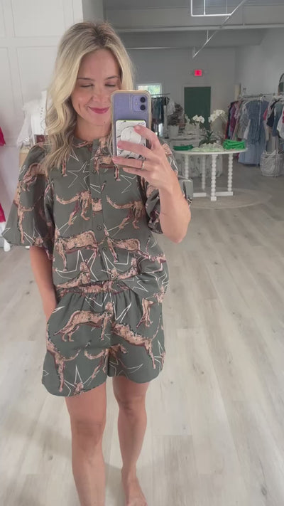 Green Animal Print Balloon Sleeve Shirt