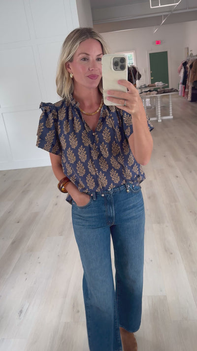 Navy and Tan Botanical Tiered Top