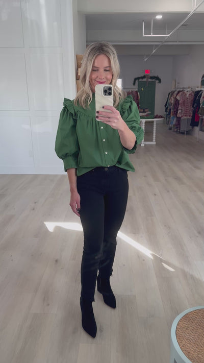 Green Button Down Ruffle Front Blouse