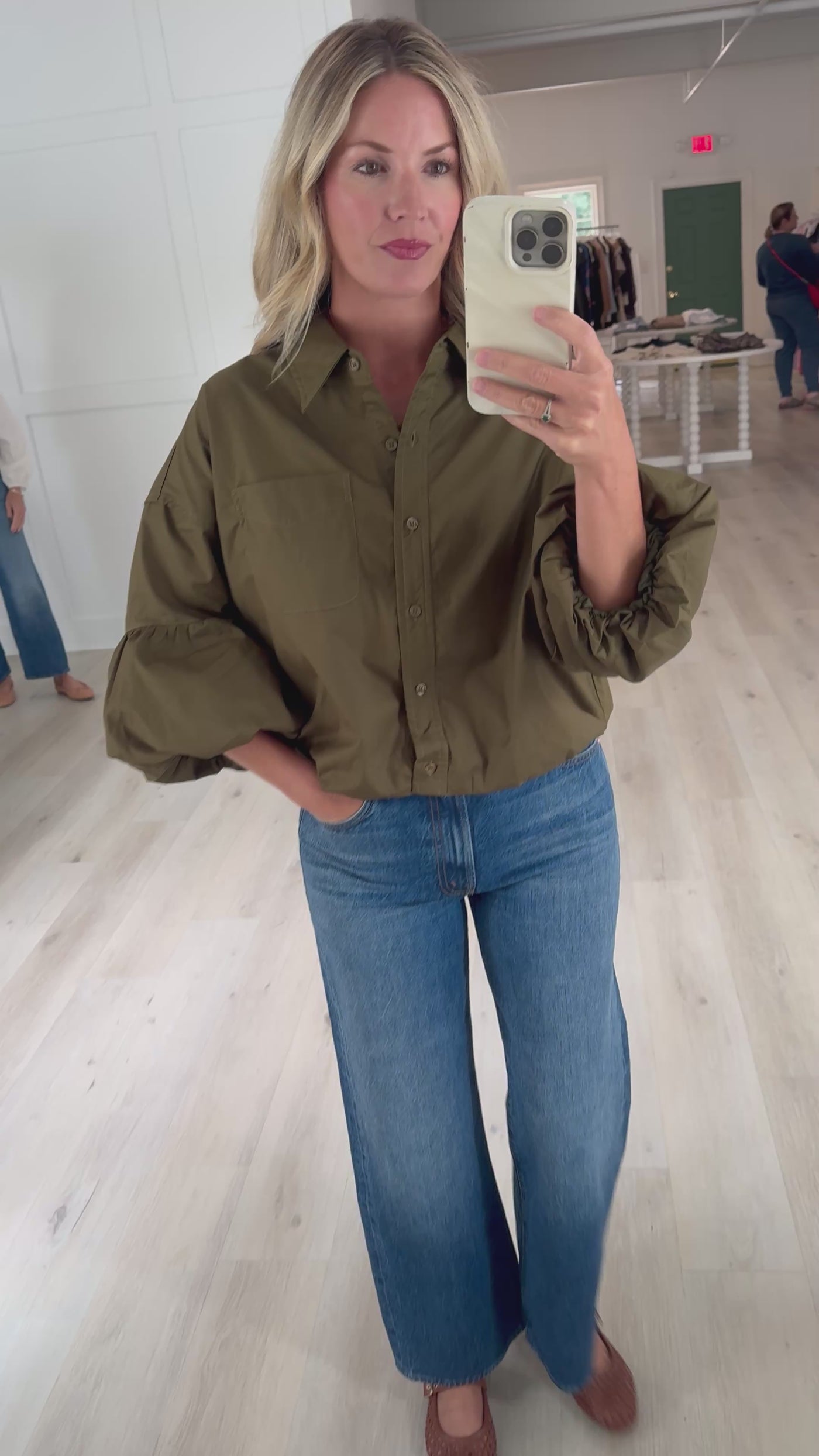 Olive Button Down Bubble Sleeve Blouse