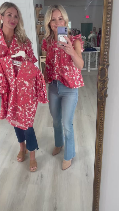 Red Ditzy Flower Kimono Pleat Top by Brooke Wright