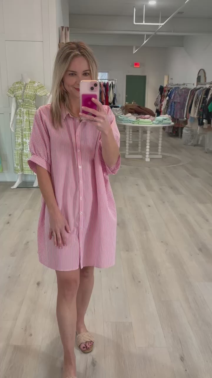 Oversized Pink Striped Shirt Dress