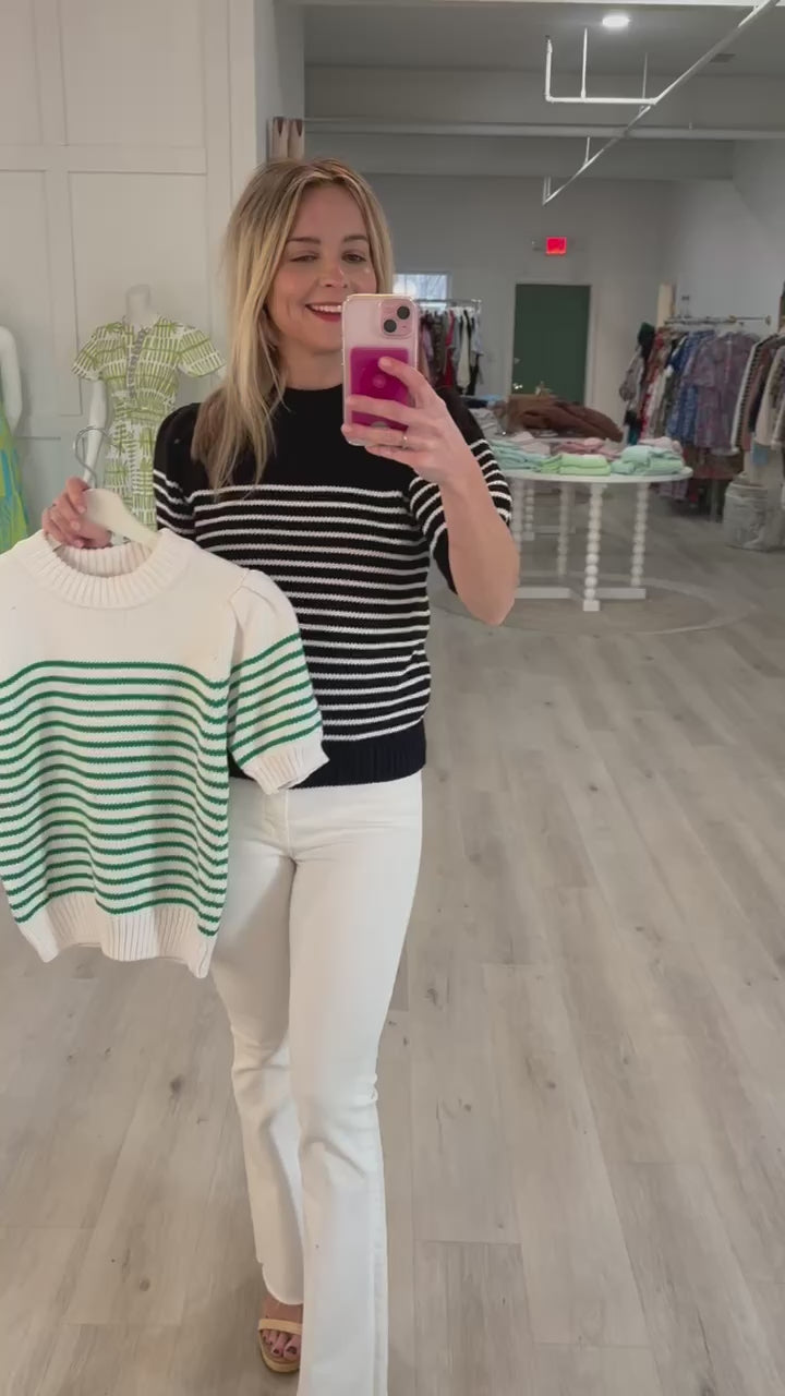 White/Green Stripe Short Puff Sleeve Sweater
