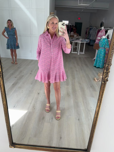 Pink Long Sleeve Ruffle Hem Blockprint Dress