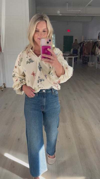 Cream with Floral Scallop Neck Blouse