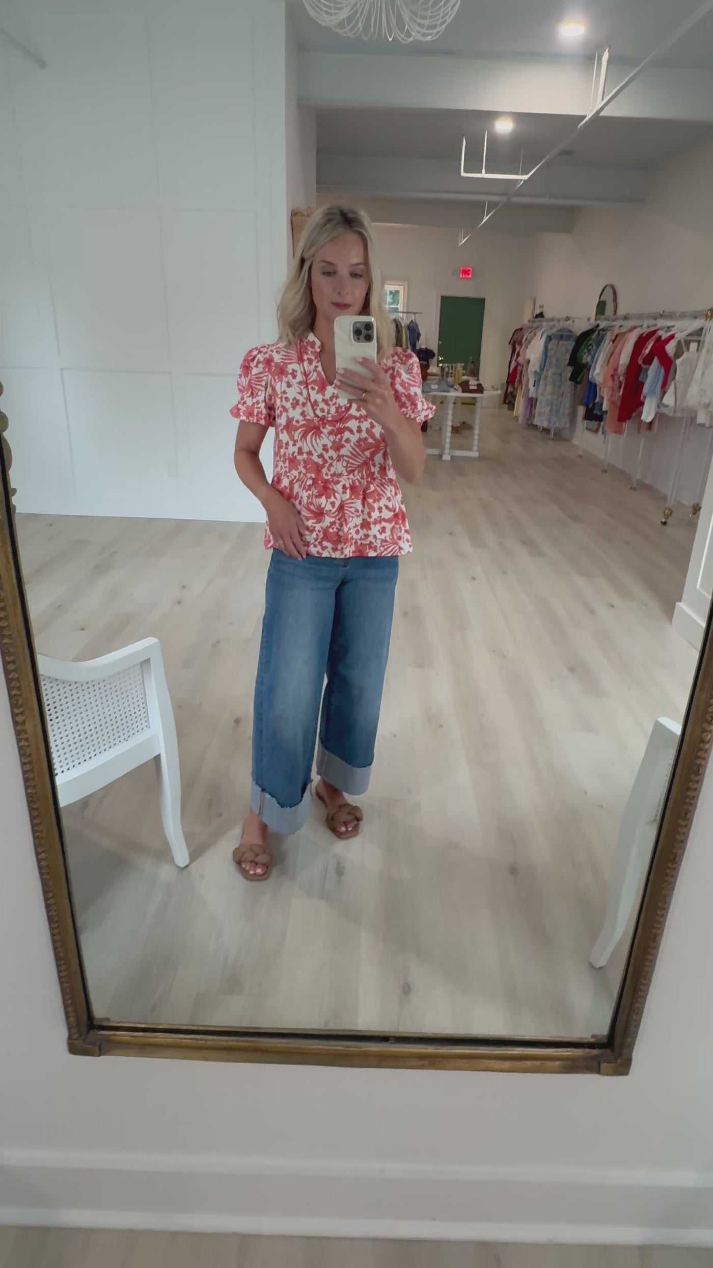 Rust Floral Peplum Blouse with Piping Detail