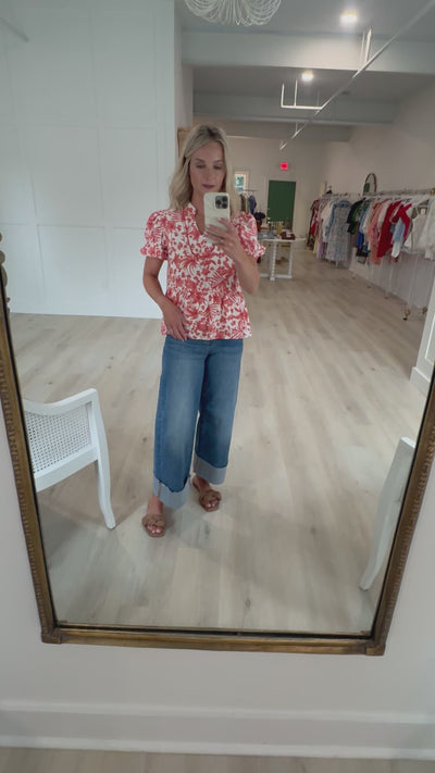 Rust Floral Peplum Blouse with Piping Detail