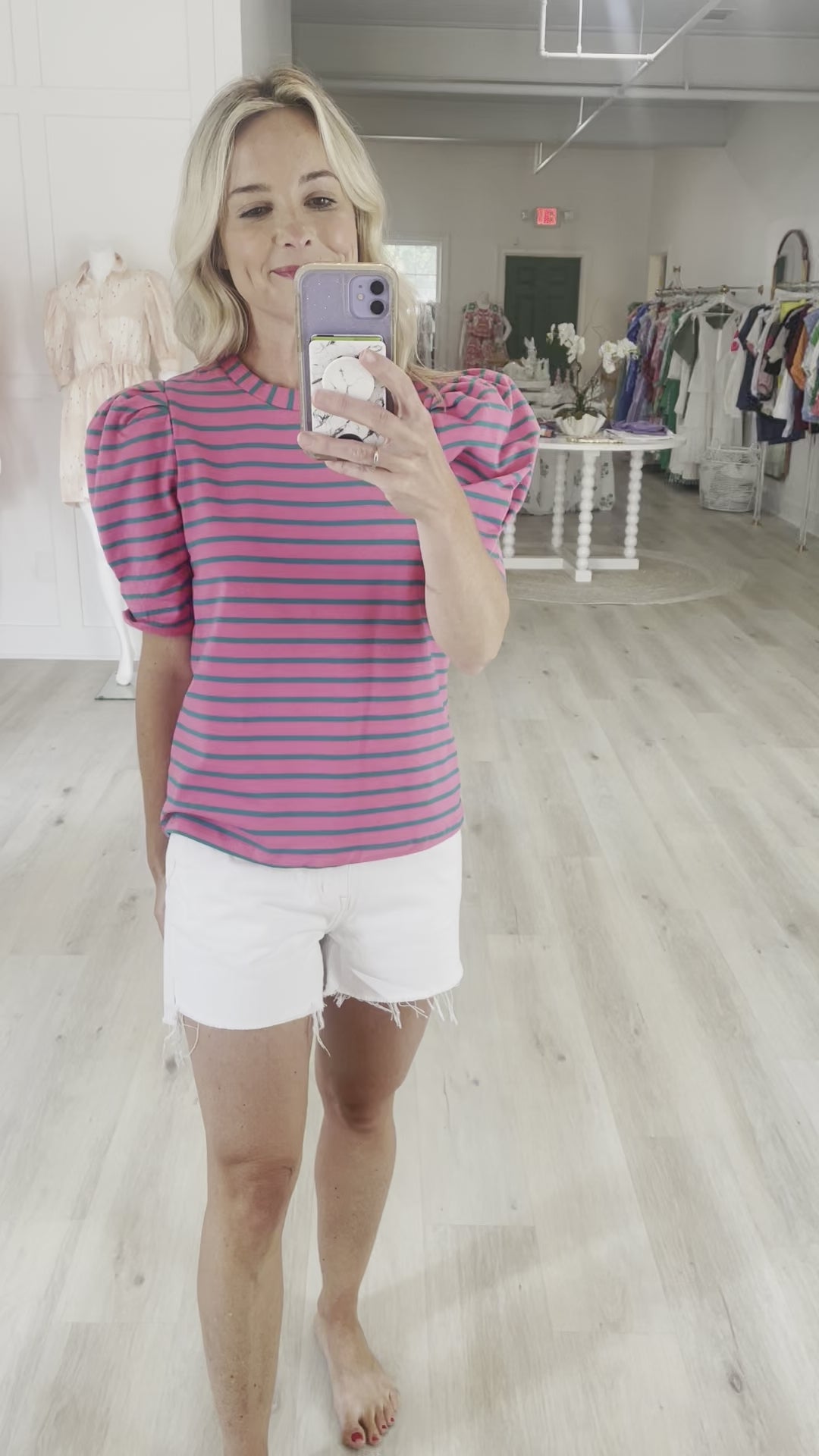 Pink and Green Stripe Woven Knit Shirt