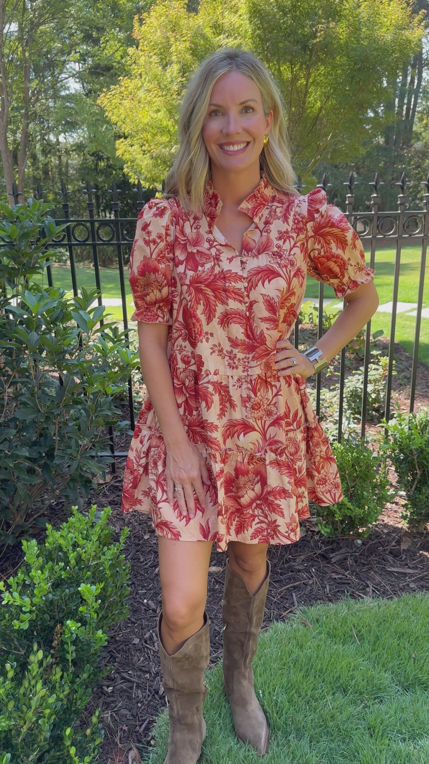 Brick Floral Ruffled Neck Dress