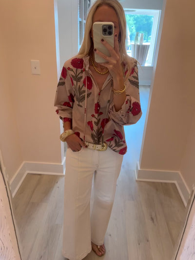Tan and Poppy Balloon Sleeve Top