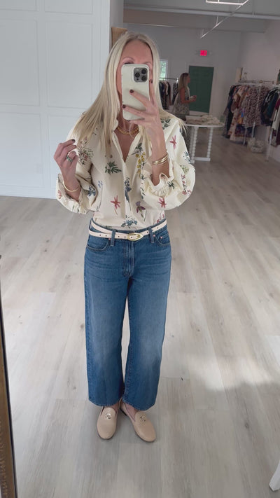 Cream with Floral Scallop Neck Blouse