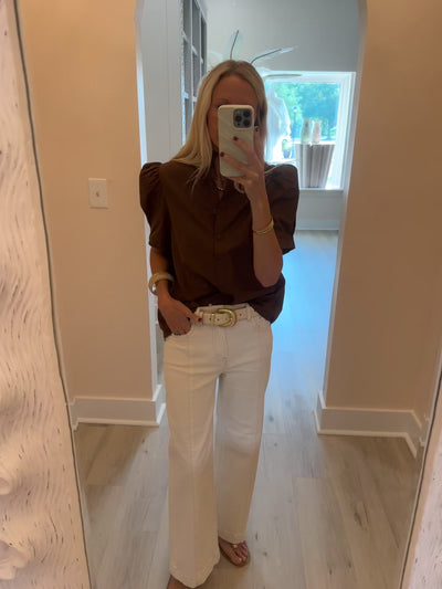 Brown Ruffle Neck Puff Sleeve Top