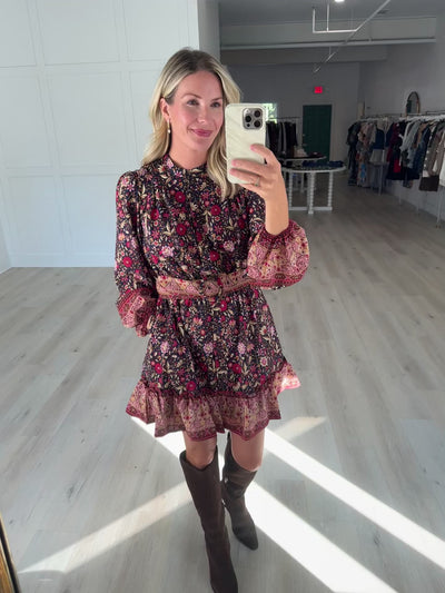 Midnight and Cranberry Floral Belted Mini Dress