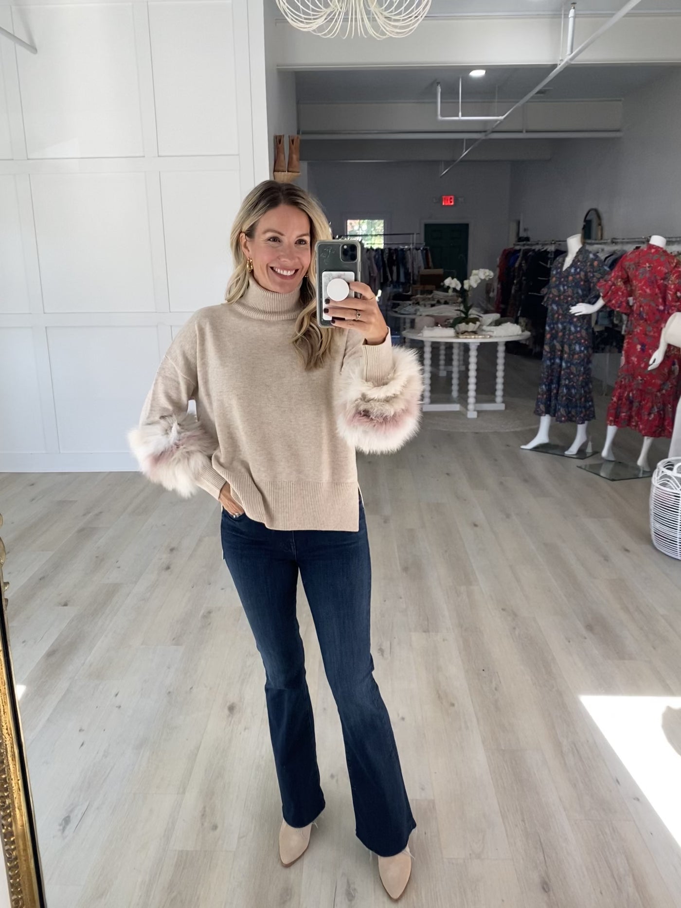 Cashmere Blend Camel Turtleneck Sweater with Fur Cuff