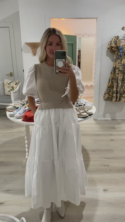 Tan Knit and White Poplin Midi Dress