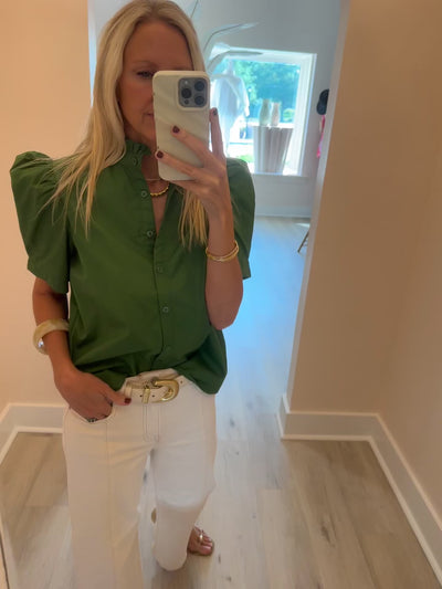 Verdant Green Ruffle Neck Puff Sleeve Top