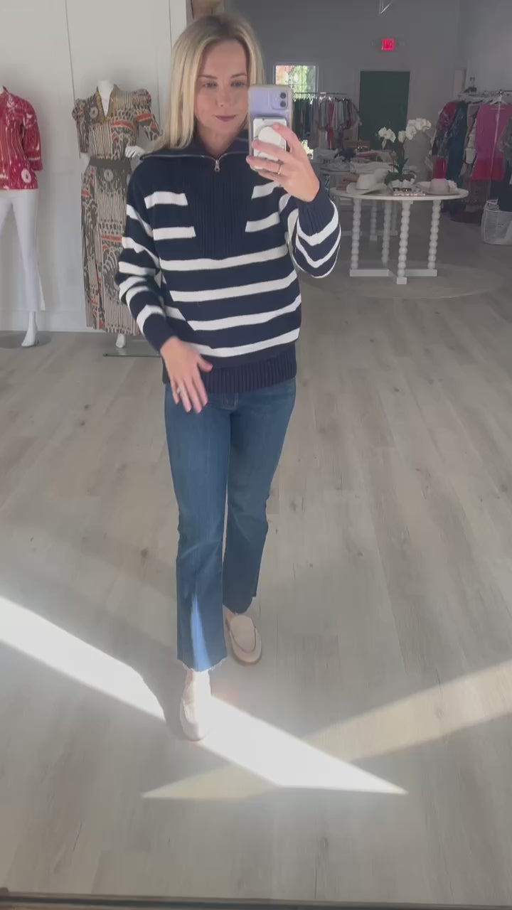 Navy/White Striped Knit Zip Pullover Sweater
