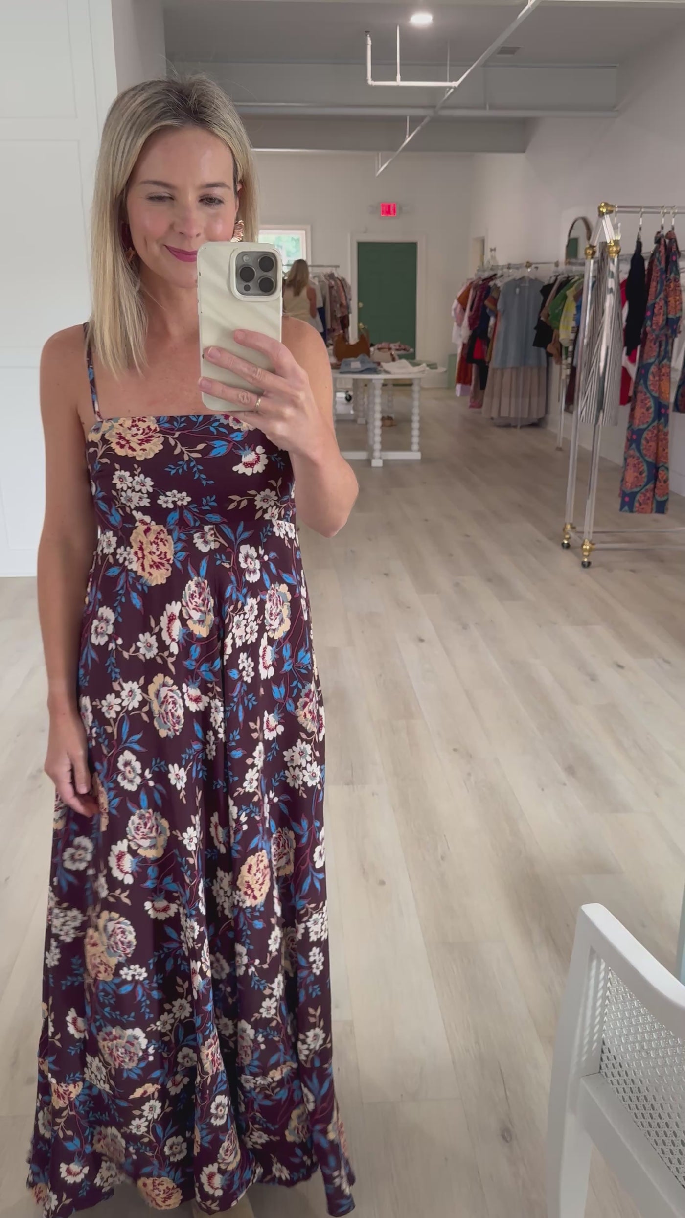 Burgundy with Floral Cream and Blue Maxi Dress