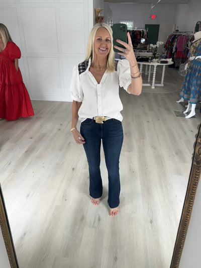 White Button Down with Navy Embroidered Shoulders