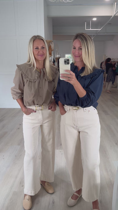 Tan Ruffle Collar Button Front Blouse