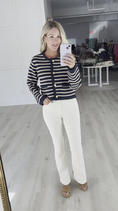 Navy/Tan Knit Striped Cardigan Sweater
