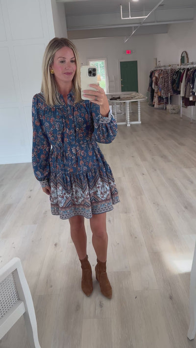 Blue with Brown Florals Tie Waist Button Down Dress