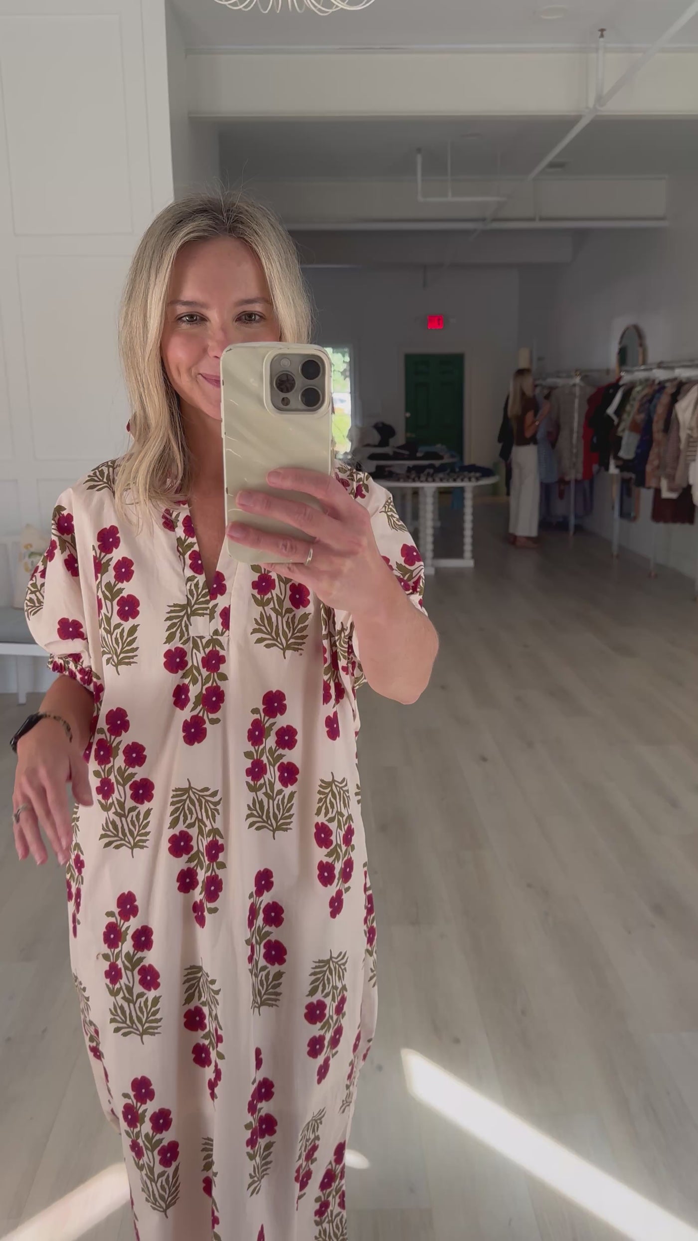 Cream, Olive and Burgundy Floral Midi Dress