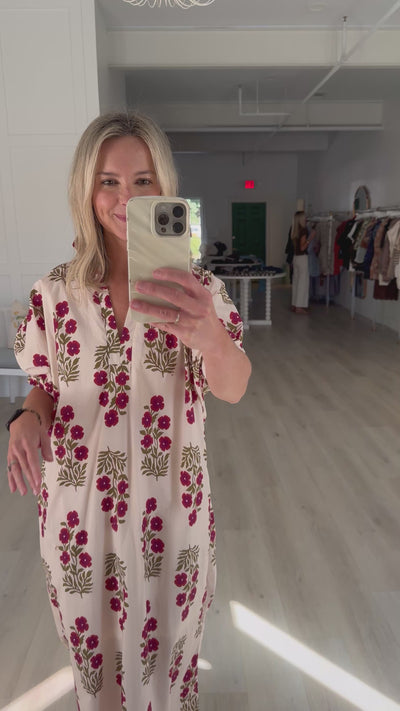 Cream, Olive and Burgundy Floral Midi Dress