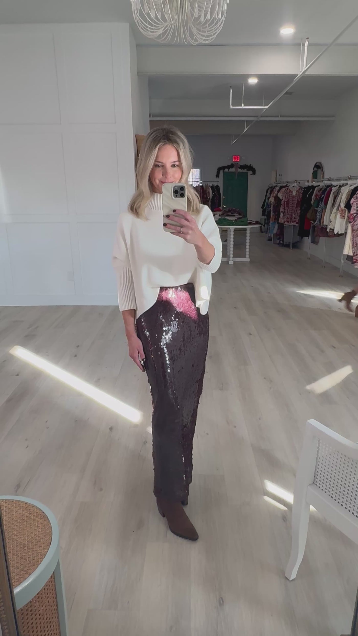 Cream Sequin Knit Puff Sleeve Top