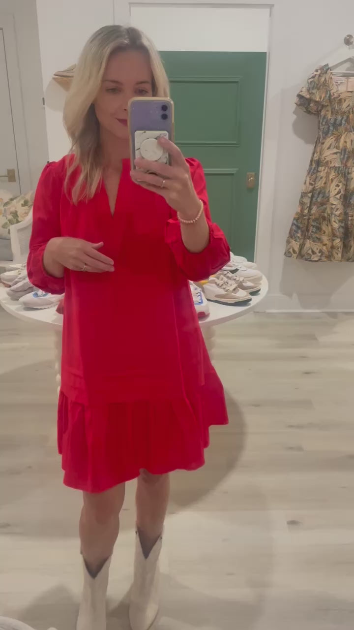 Red Ruffle Shift Dress With Balloon Sleeves