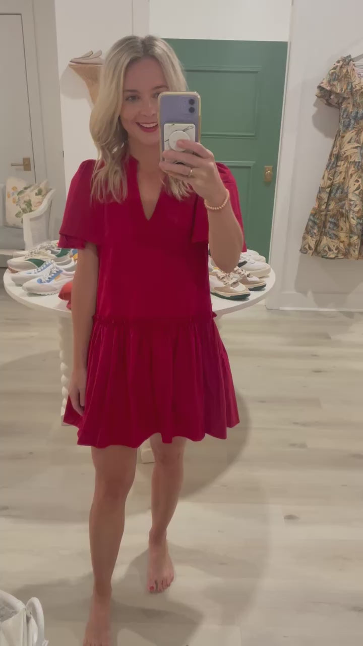 Red Short Sleeve Mini Dress with Drop Waist