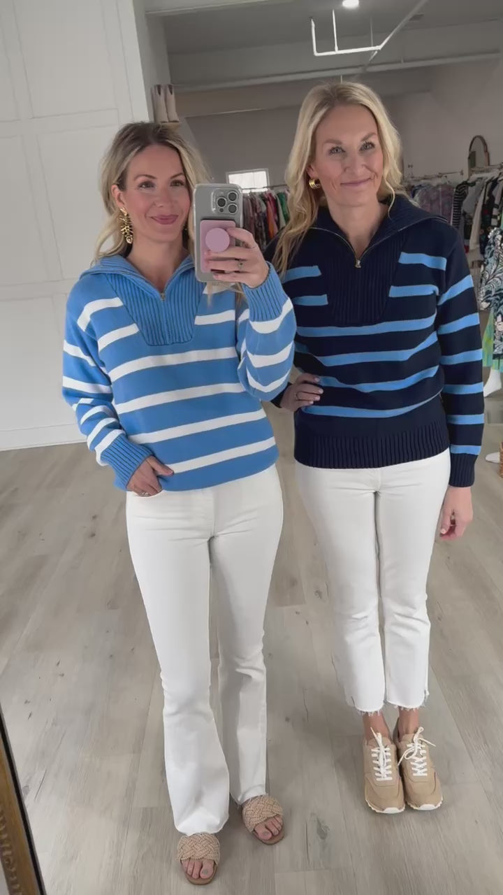 Blue/White Striped Knit Zip Pullover