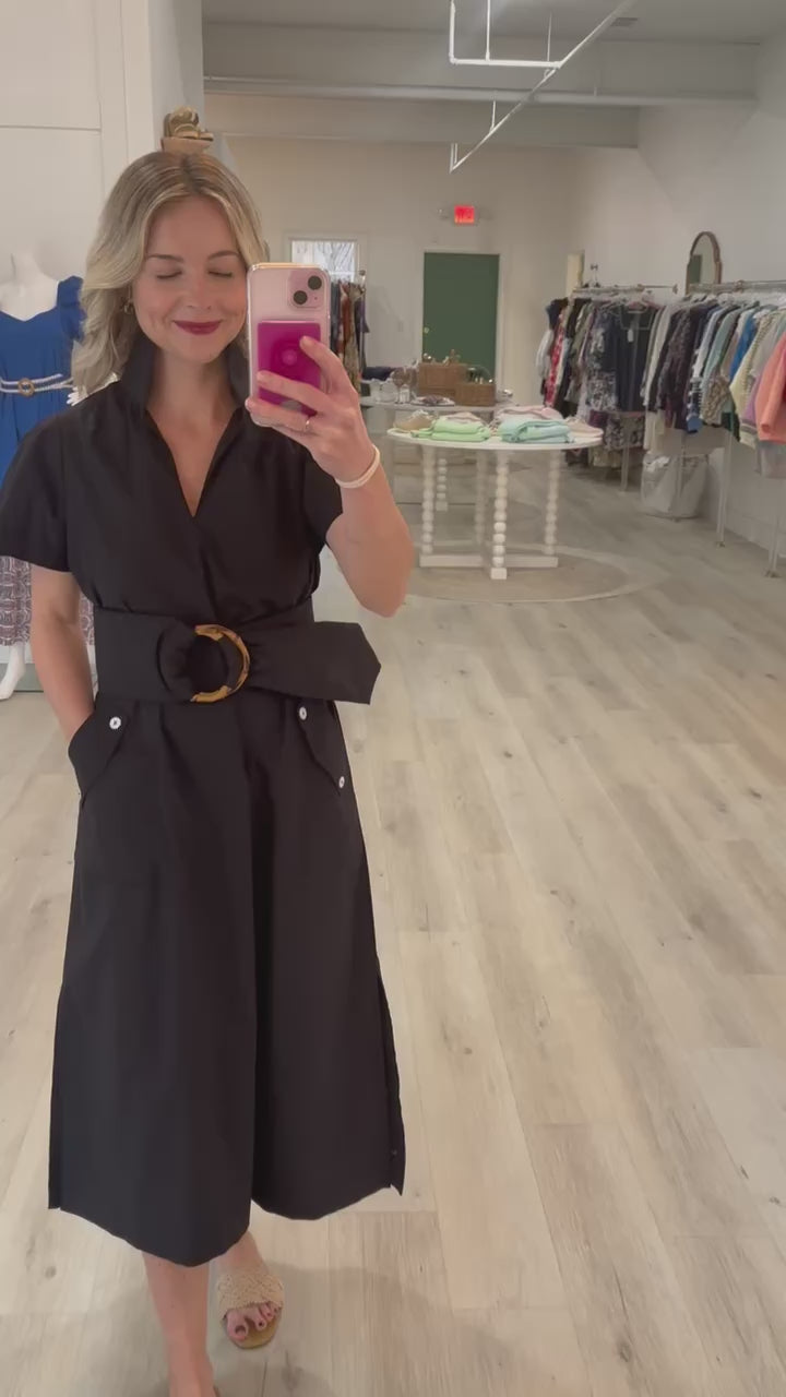 Black Midi Dress with V Front Collar, Pockets and Belt
