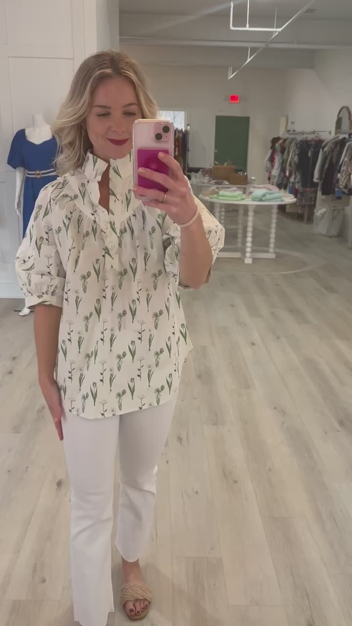 Green and White Floral Blouse with V Front Buttons