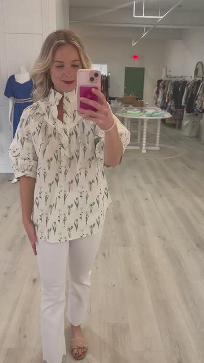 Green and White Floral Blouse with V Front Buttons
