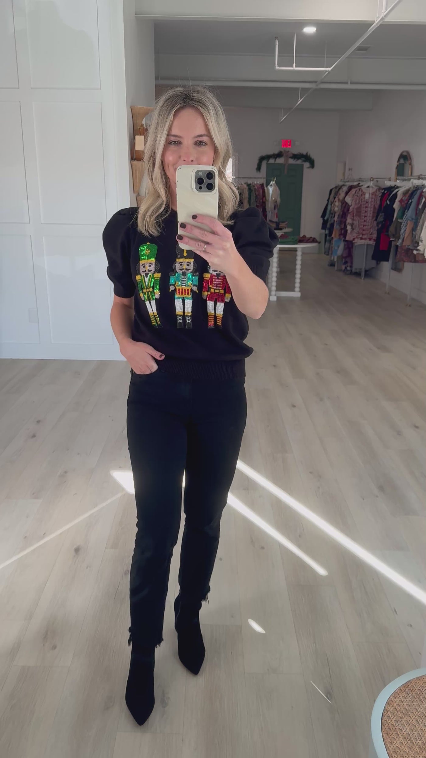 Sequin Nutcrackers on Black Short Sleeve Sweater