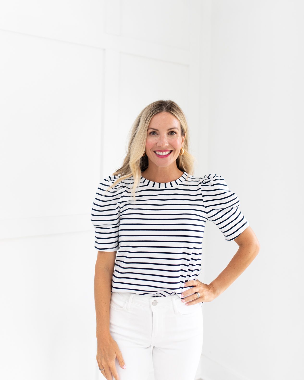 White and Navy Stripe Woven Knit Shirt