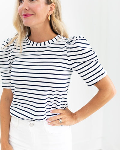 White and Navy Stripe Woven Knit Shirt