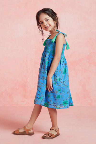 Little Girls Jane Dress in Blue and Green Floral