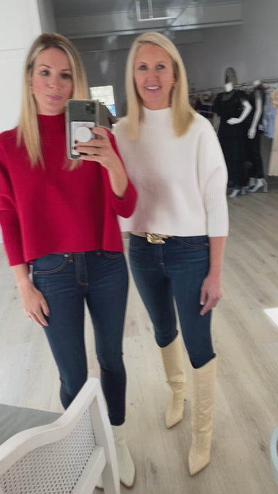 Mock Neck Crop Sweater in Red One Size