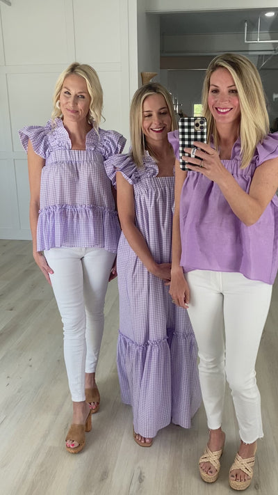 Purple Gingham Wide Ruffle Top