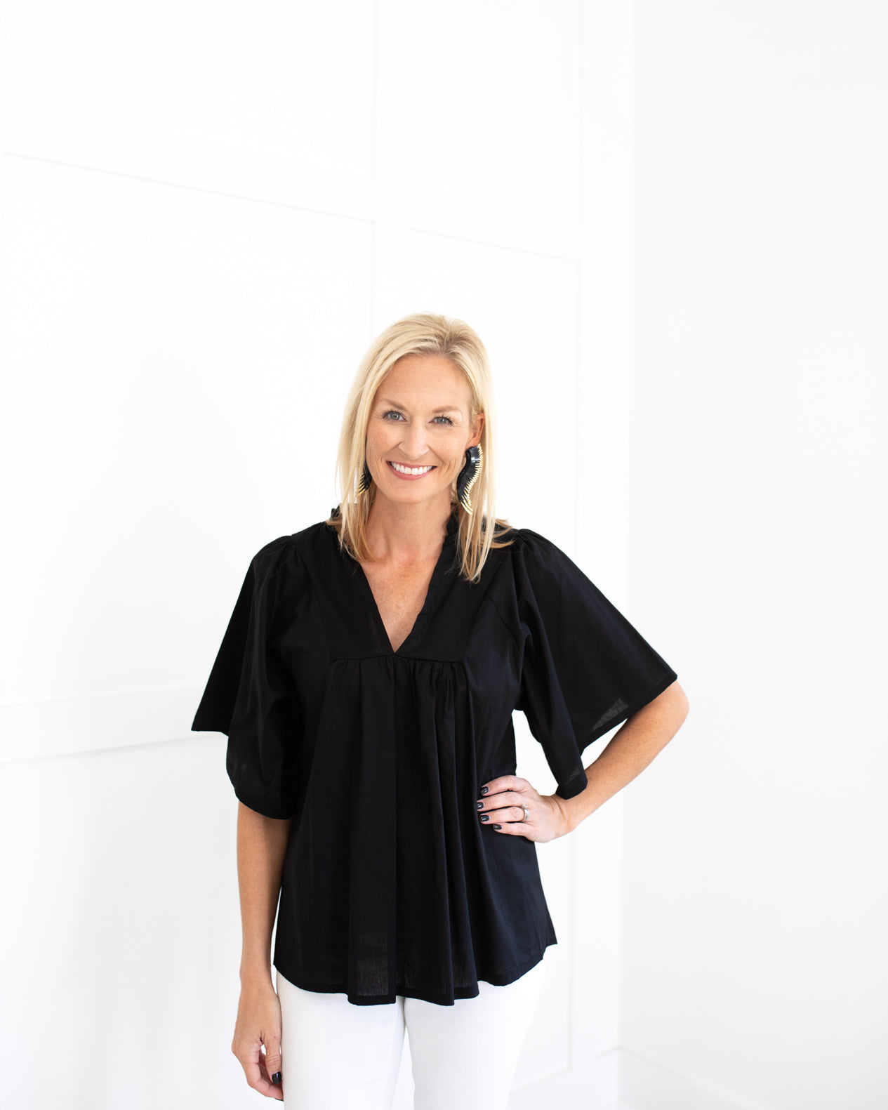V-neck Ruffle Top in Black with Bell Sleeves