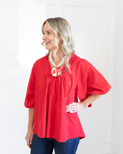 V-neck Ruffle Top in Red with Bell Sleeves