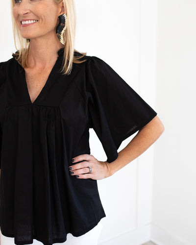 V-neck Ruffle Top in Black with Bell Sleeves