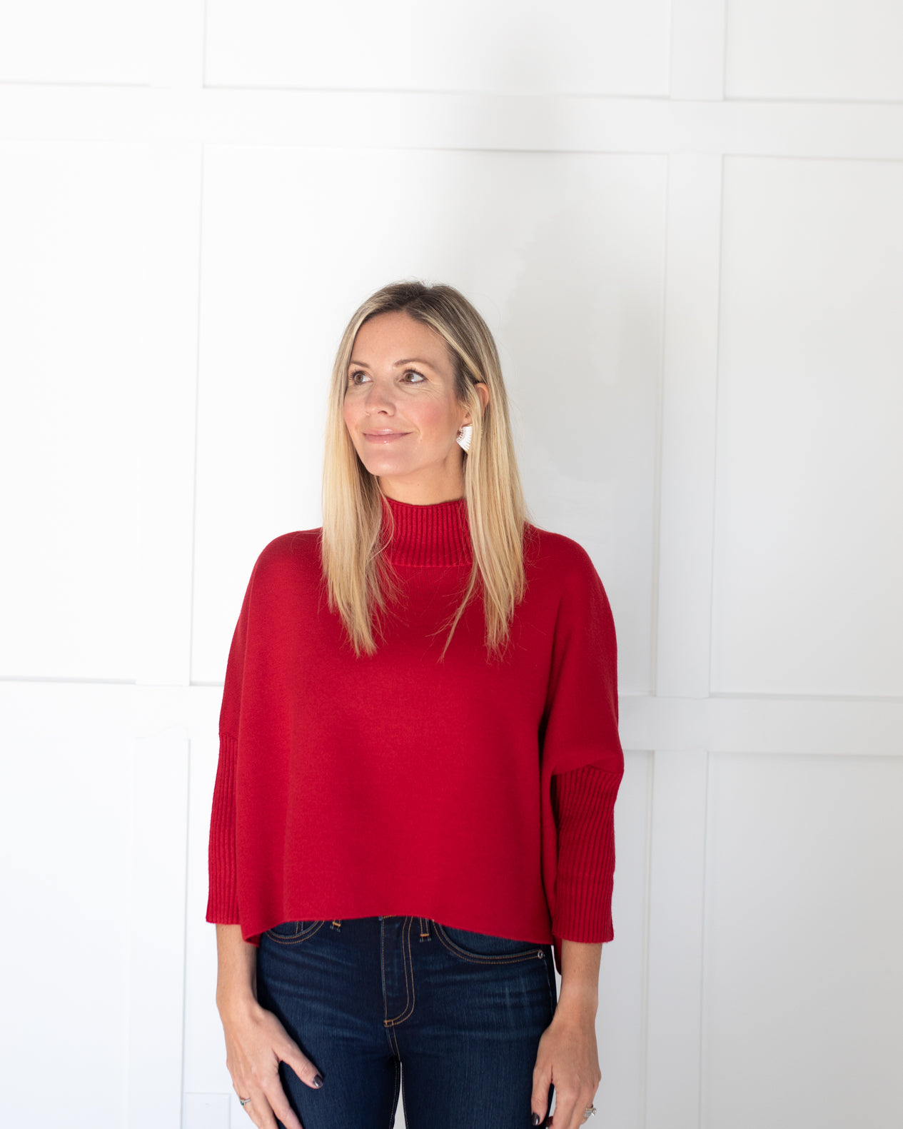 Mock Neck Crop Sweater in Red One Size